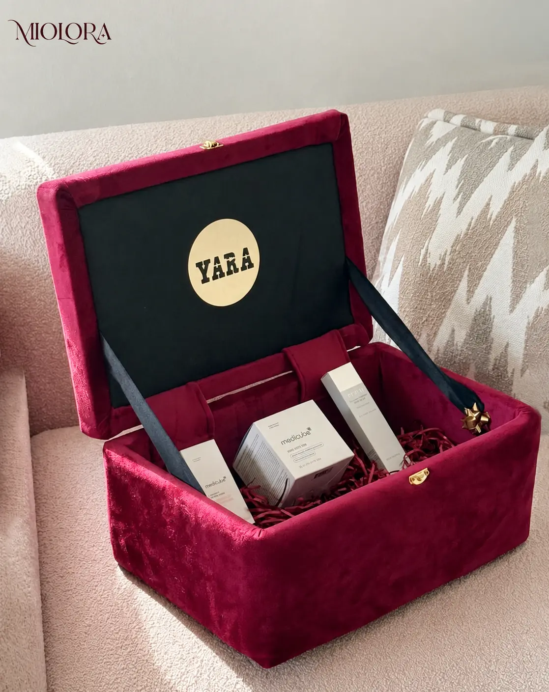 MIOLORA personalized velvet gift box with a gold name plaque